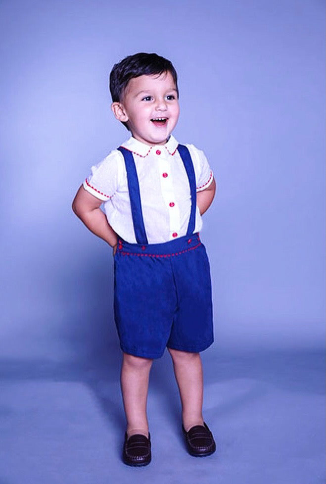 Red, white, and Blue Suspenders Shorts and White Shirt-Portrait