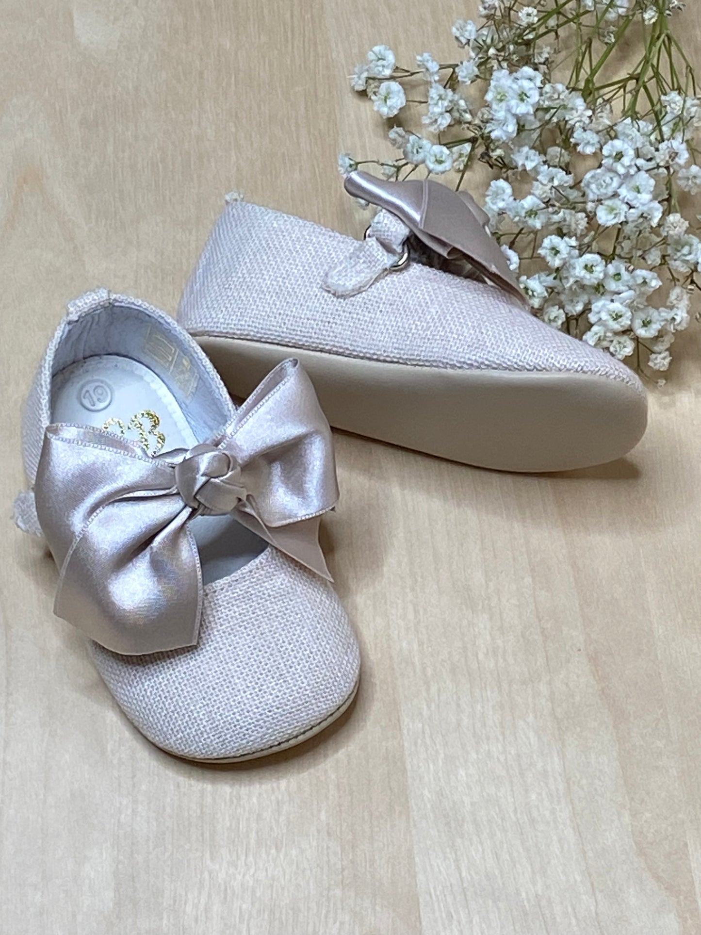 Baby Girl Shoes- Beige Satin Bow Linen-Newborn Girl Shoes-Sole Side View