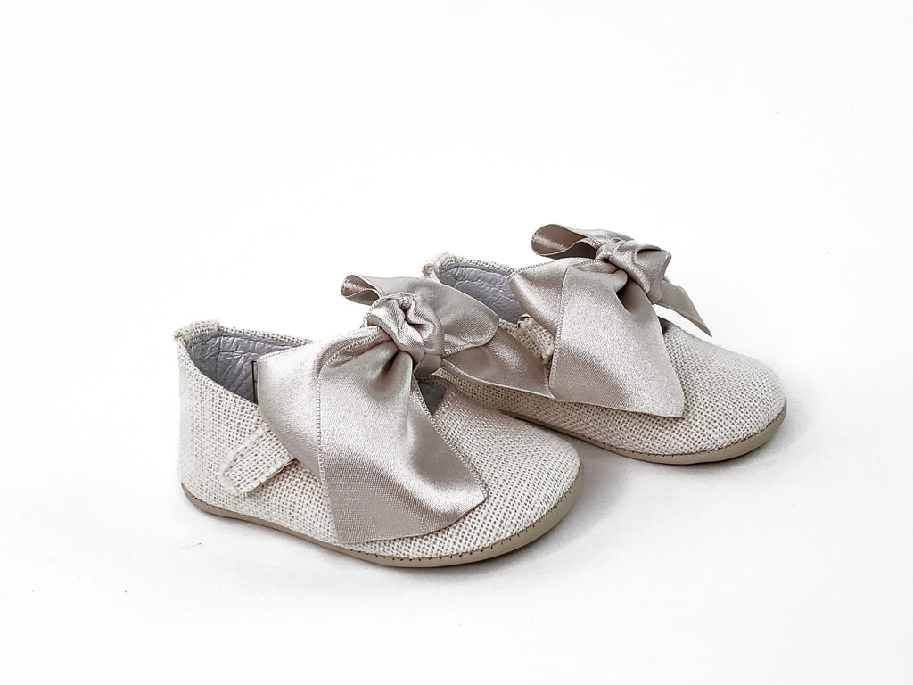 Baby Girl Shoes- Beige Satin Bow Linen-Newborn Girl Shoes-Right Side View