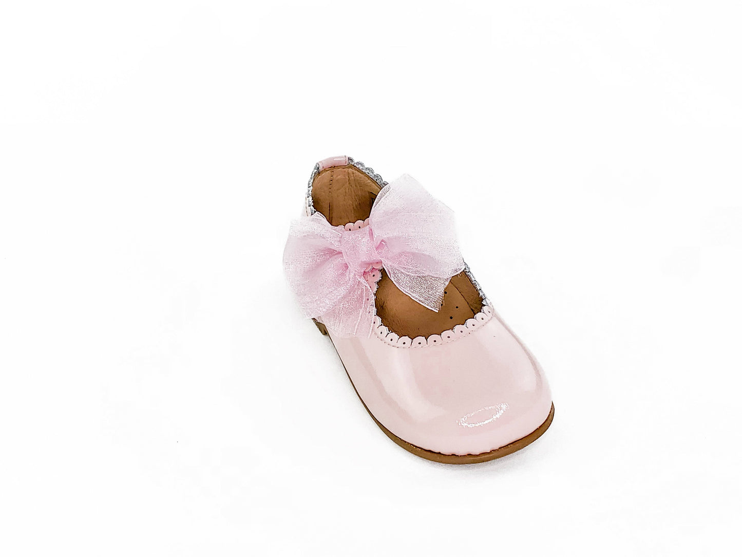 Baby Girl Pink Patent Tule Bow Scalloped Mary Janes Shoes-Girl's Shoes-Girl's Shoes Store Girls Shoes Alfa Baby Boutique -Front View Single