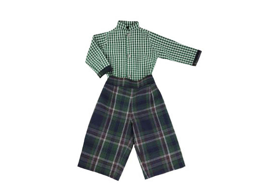 Green check long-sleeve baby boy shirt with plaid trousers, flat lay on white background