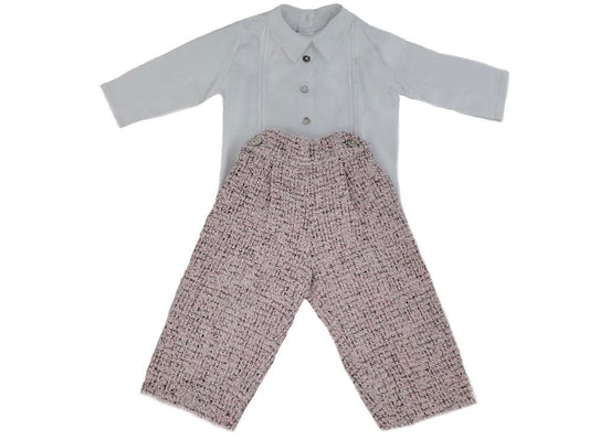 White long-sleeve cotton shirt with pink tweed wool trousers, flat lay on white background