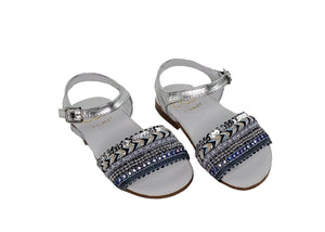Open image in slideshow, Girls Sandals, Metallic Silver and Blue Beaded Sequins Sandals Girls Sandals Alfa Baby Boutique 

