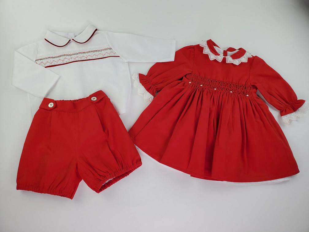 Hand Smocked Red and White Long Sleeve Set-Boy's Clothing-Boy's Clothing Store Shirt & Short Set Alfa Baby Boutique