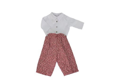 White pintuck cotton shirt with red tweed wool trousers, flat lay on white background
