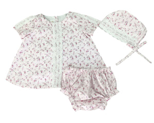 Open image in slideshow, Pink Floral Spanish Cotton Puffed Sleeves Dress and Bloomers Set Dress, Bloomers &amp; Bonnet Alfa Baby Boutique 0-3 Pink Female
