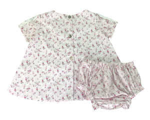 Pink Floral Spanish Cotton Puffed Sleeves Dress and Bloomers Set Dress, Bloomers & Bonnet Alfa Baby Boutique 