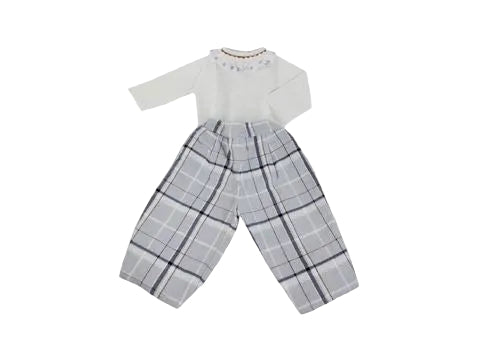 White long-sleeve piqué top with gray plaid wool trousers, flat lay on white background