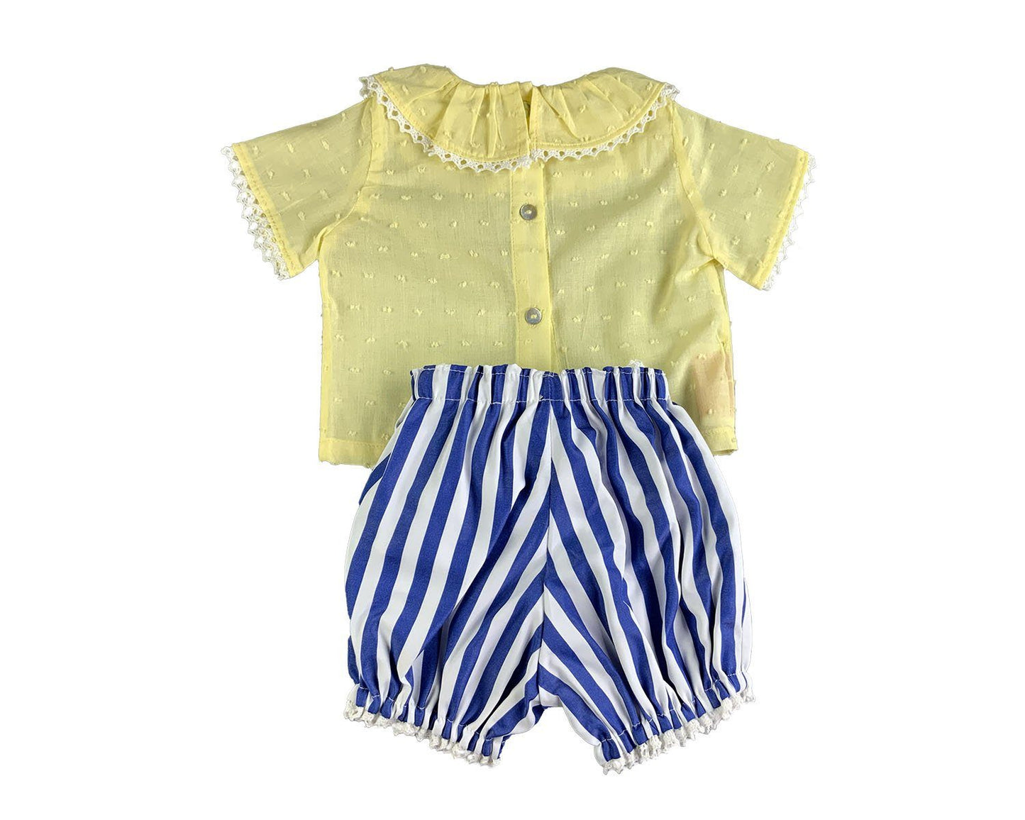 Yellow Round Ruffled Collar Blouse and Blue-White Stripe Bubble Shorts Shirt & Pants Set Alfa Baby Boutique