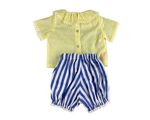 Yellow Round Ruffled Collar Blouse and Blue-White Stripe Bubble Shorts Shirt & Pants Set Alfa Baby Boutique 