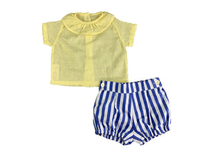 Open image in slideshow, Yellow Round Ruffled Collar Top and Blue-White Stripe Shorts-Boy&#39;s Clothing-Boy&#39;s Clothing Store Shirt &amp; Short Set Alfa Baby Boutique 0-3 Blue Male
