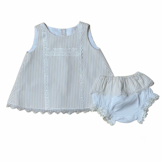 Baby Girl Summer Dress, Ivory-Vanilla A-Line Style Dress and Bloomers Set
