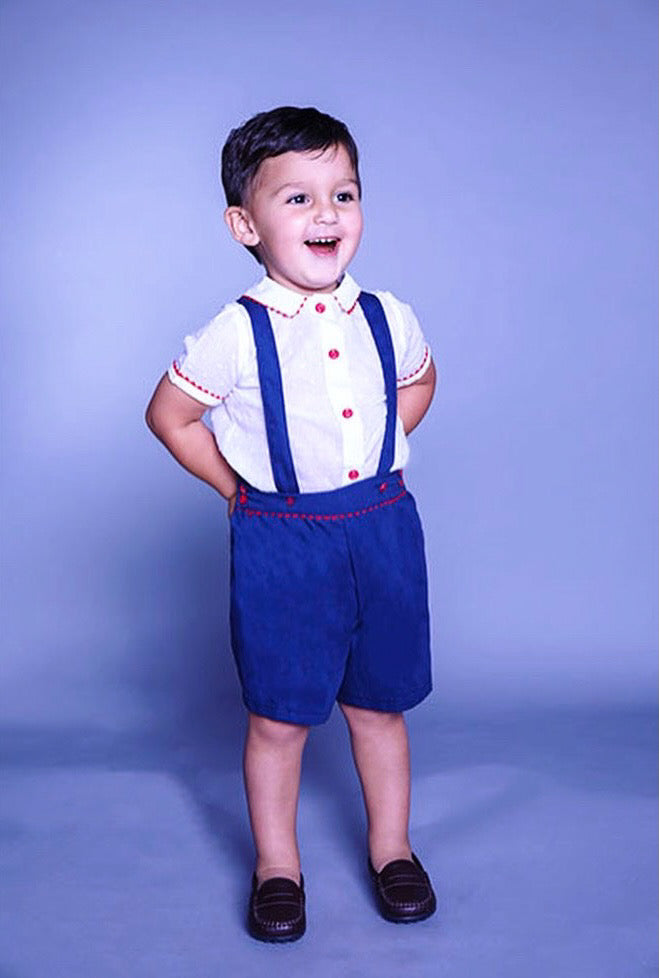 Red, white, and Blue Suspenders Shorts and White Shirt-Portrait 