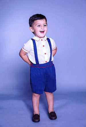 Red, white, and Blue Suspenders Shorts and White Shirt-Portrait 
