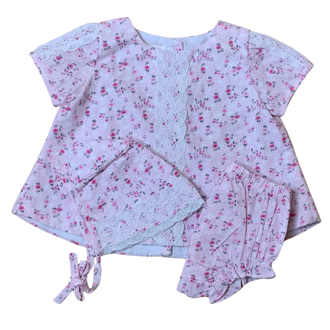 Pink Floral Spanish Cotton Puffed Sleeves Dress and Bloomers Set