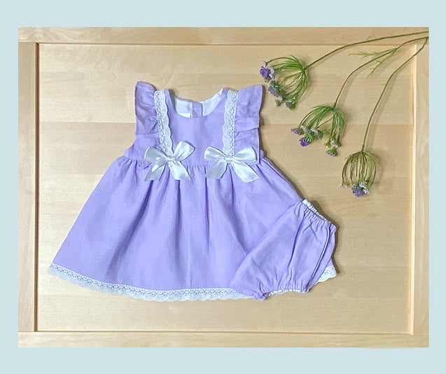 Infant, Girl Dress, Lavender Linen Empire Waist Dress and Bloomers Set