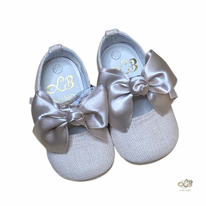 Baby Girl Shoes- Beige Satin Bow Linen-Newborn Girl Shoes-Front Side View