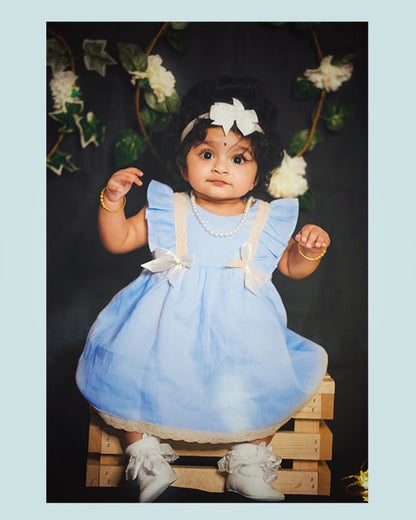 The Myosotis — Sky Blue Linen Empire Waist Dress & Bloomers Set