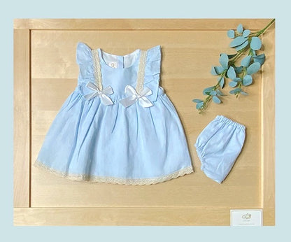 The Myosotis — Sky Blue Linen Empire Waist Dress & Bloomers Set