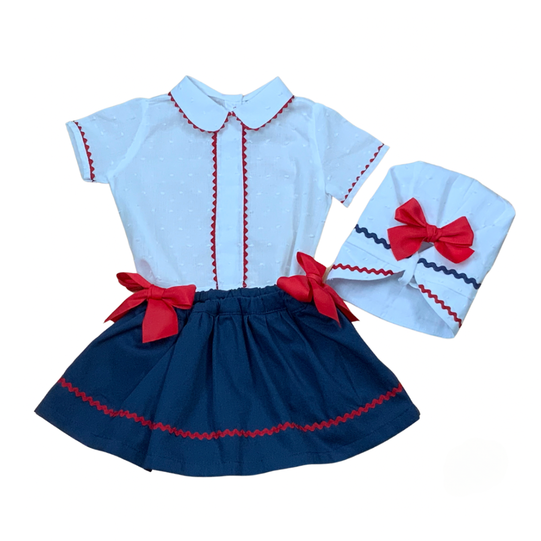 Red, white, and blue shirt, skirt, and bonnet 