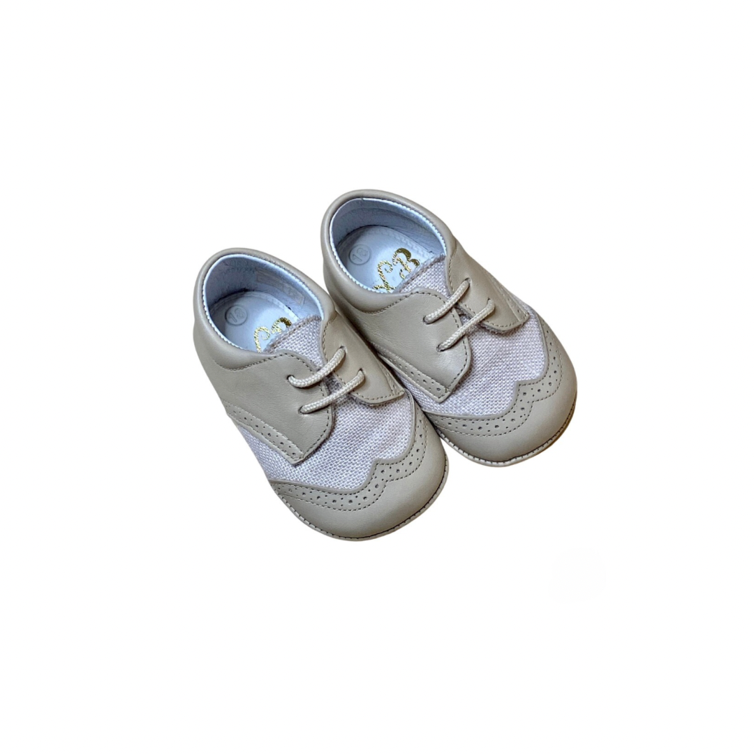 Baby boy beige tan napa leather and linen infant shoes