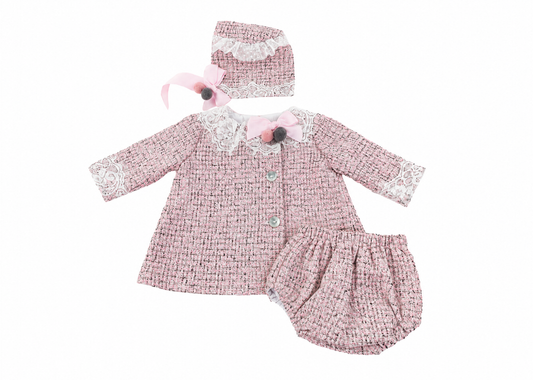 The Rosette — Pink Tweed Wool A-Line Dress, Bonnet & Bloomers Set