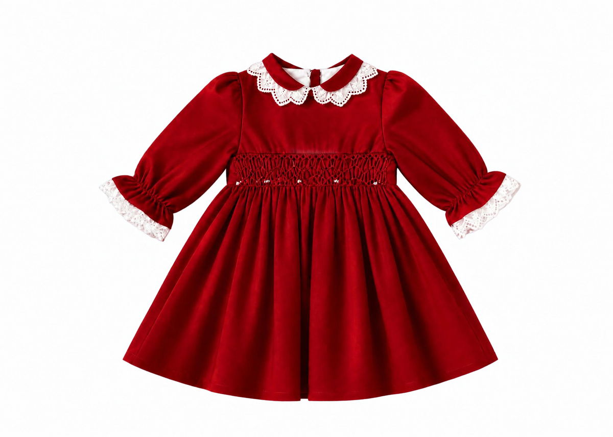 The Scarlet — Red Pique Hand Smocked Long Sleeve Dress & Bloomers Set