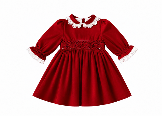 The Scarlet — Red Pique Hand Smocked Long Sleeve Dress & Bloomers Set