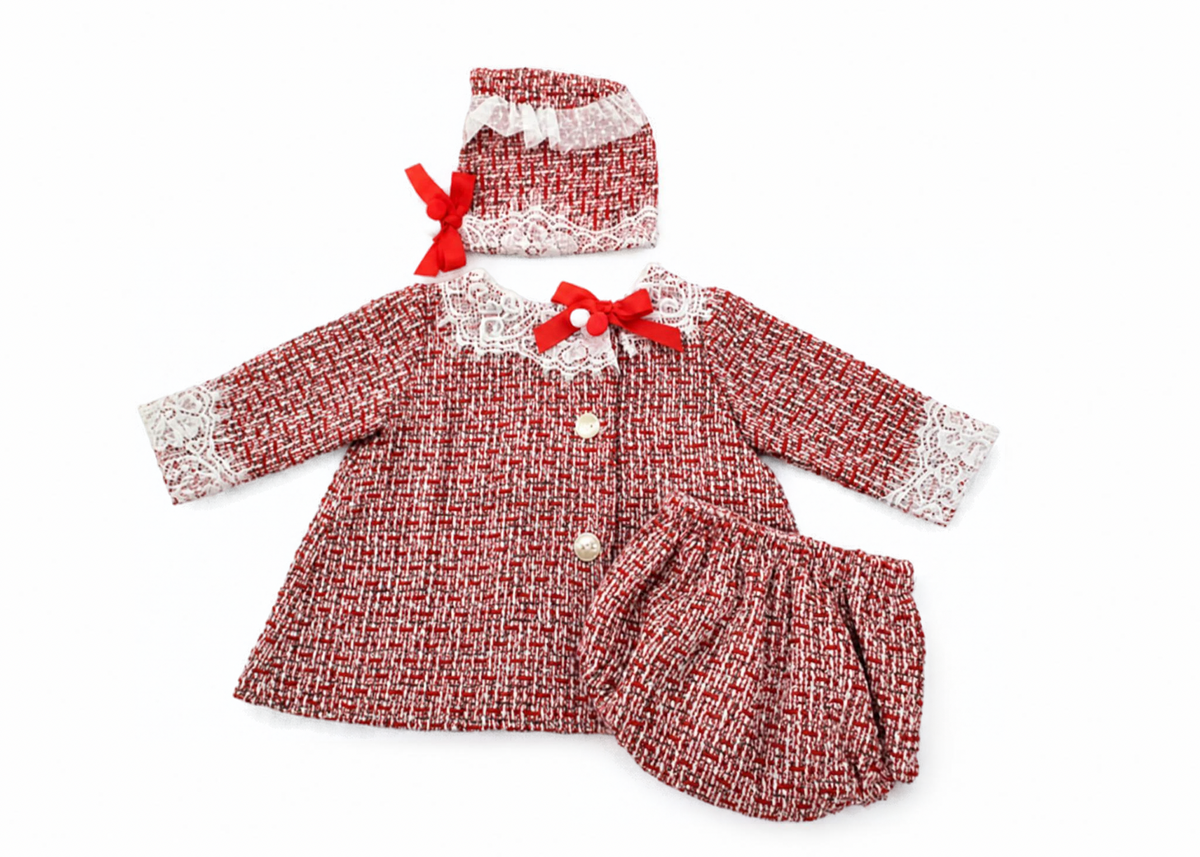 The Ruby — Red Tweed Wool Long Sleeve A-Line Dress, Bonnet & Bloomers Set