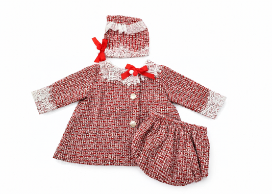 The Ruby — Red Tweed Wool Long Sleeve A-Line Dress, Bonnet & Bloomers Set