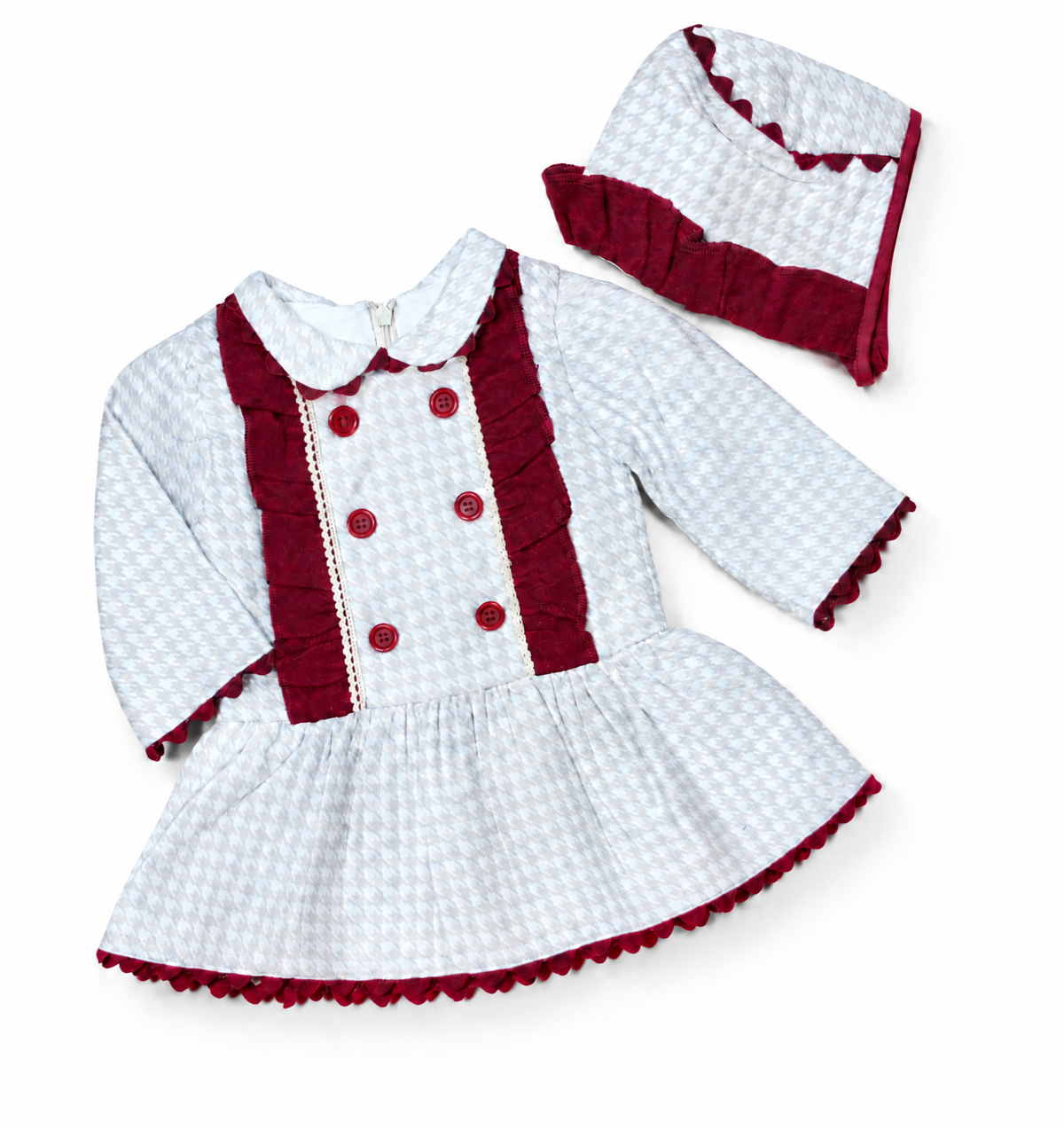 The Houndstooth — Taupe & Ivory Wool Dress, Bonnet & Bloomers Set