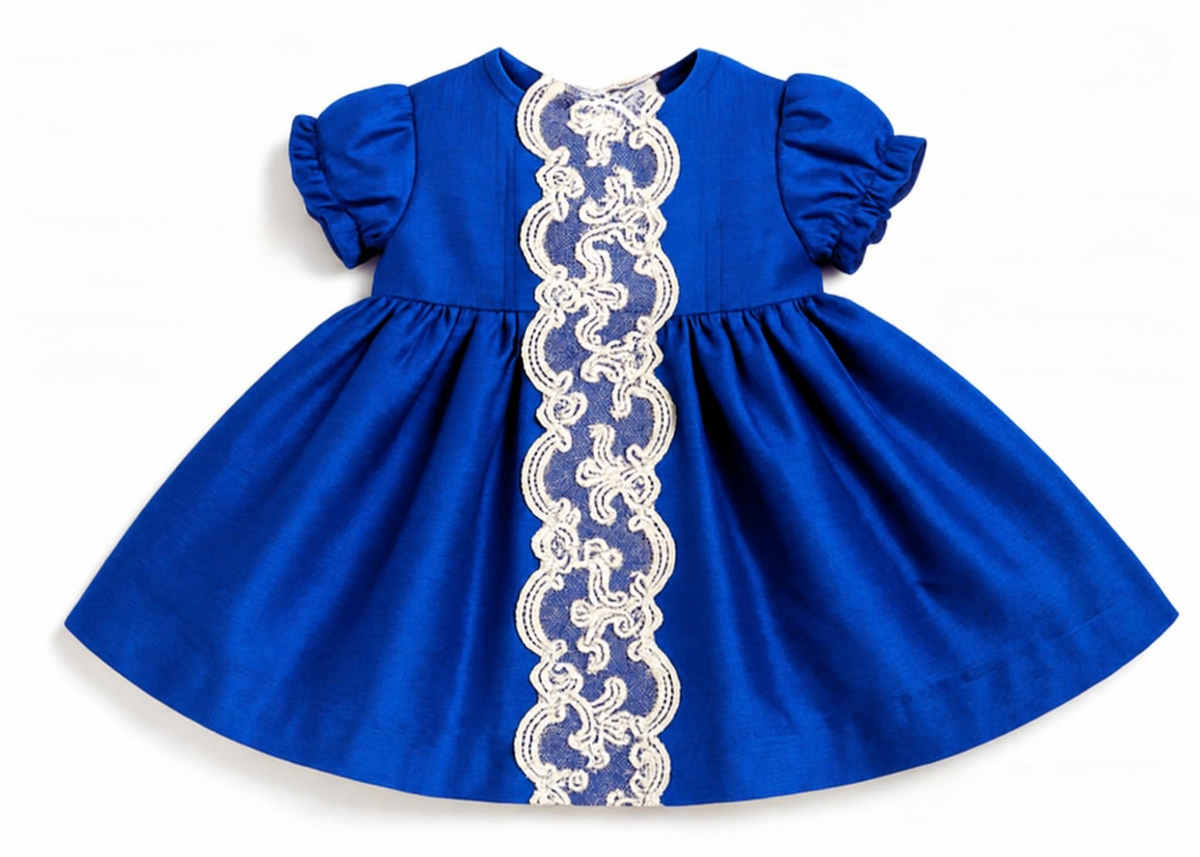 The Sapphire — Royal Blue Dupioni Silk Puffed Sleeve Dress & Bloomers Set