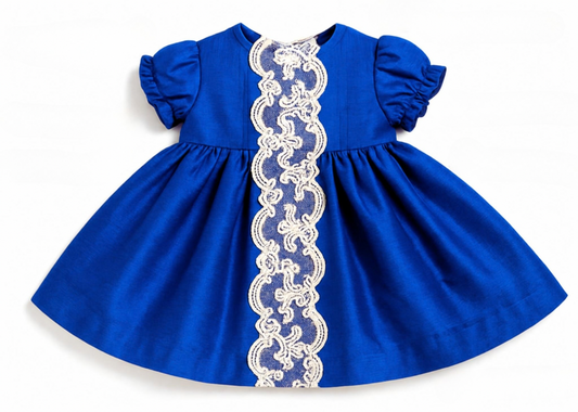The Sapphire — Royal Blue Dupioni Silk Puffed Sleeve Dress & Bloomers Set