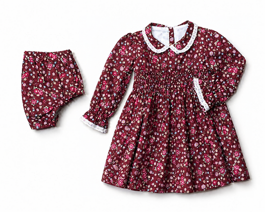 The Garnet — Burgundy Floral Hand Smocked Dress & Bloomers Set