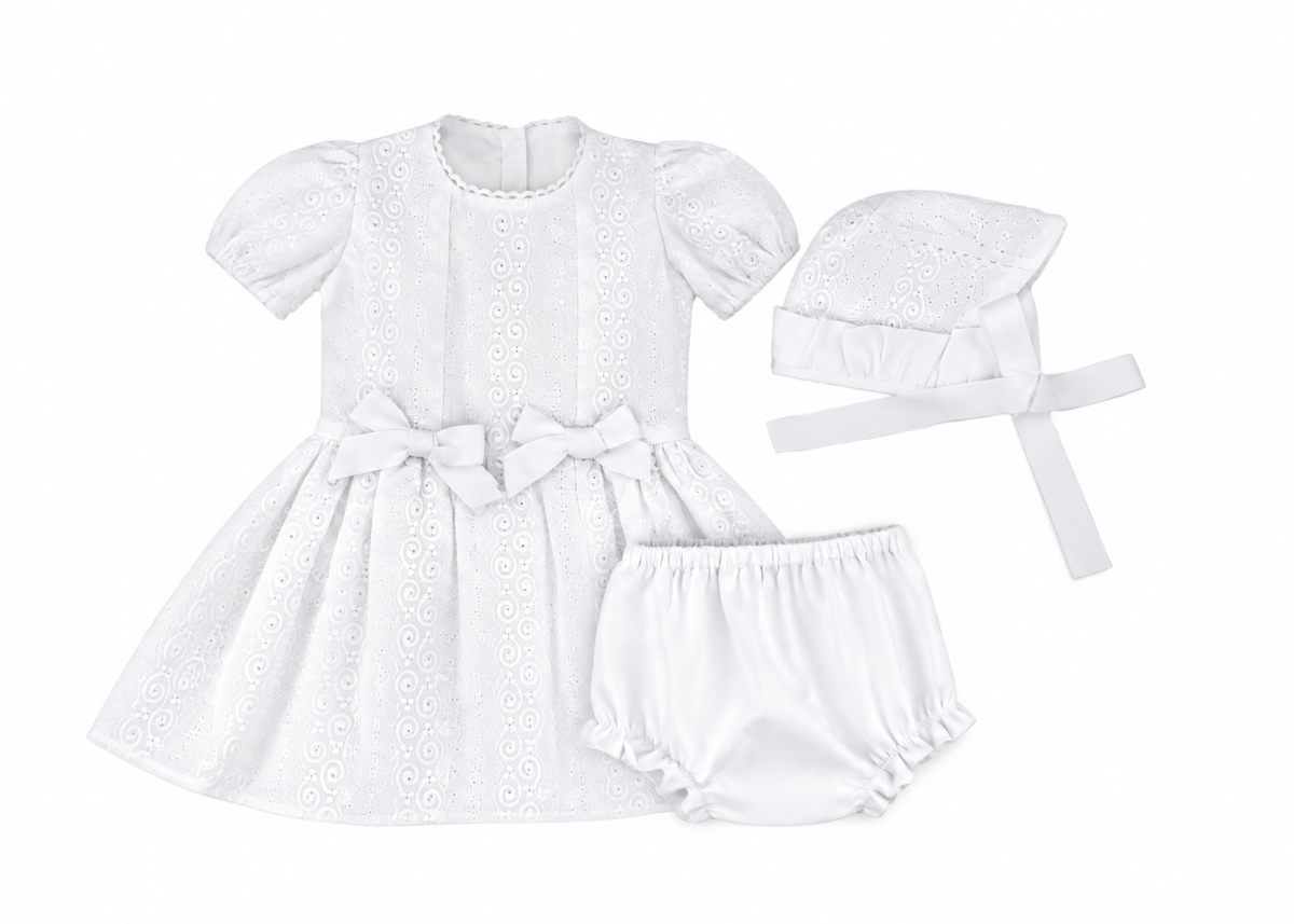 Baby Girl White Embroidered Cotton Puffed Sleeve Dress & Bloomers Set — The Lumière