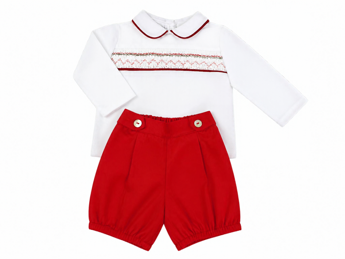 The Crimson — Hand Smocked White Top & Red Pique Knickers Set