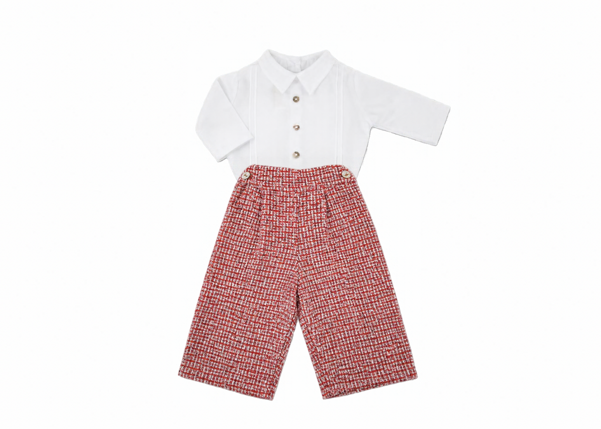 The Ruben — White Pintuck Cotton Shirt & Red Tweed Wool Trousers Set