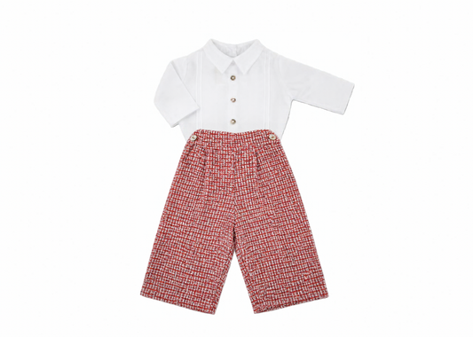 The Ruben — White Pintuck Cotton Shirt & Red Tweed Wool Trousers Set