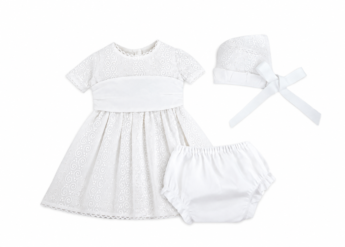 Baby Girl White Embroidered Cotton Puffed Sleeve Dress & Bloomers Set — The Petite Lumière