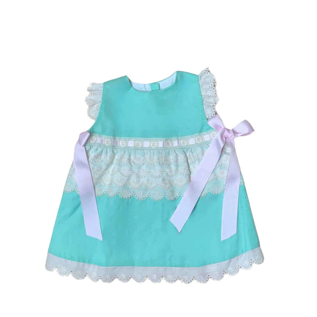 Baby girl mint linen flutter sleeve dress and bloomers set — The Petite Mint by Alfa Baby Boutique