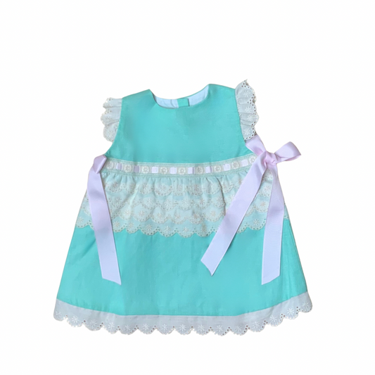 Baby girl mint linen flutter sleeve dress and bloomers set — The Petite Mint by Alfa Baby Boutique