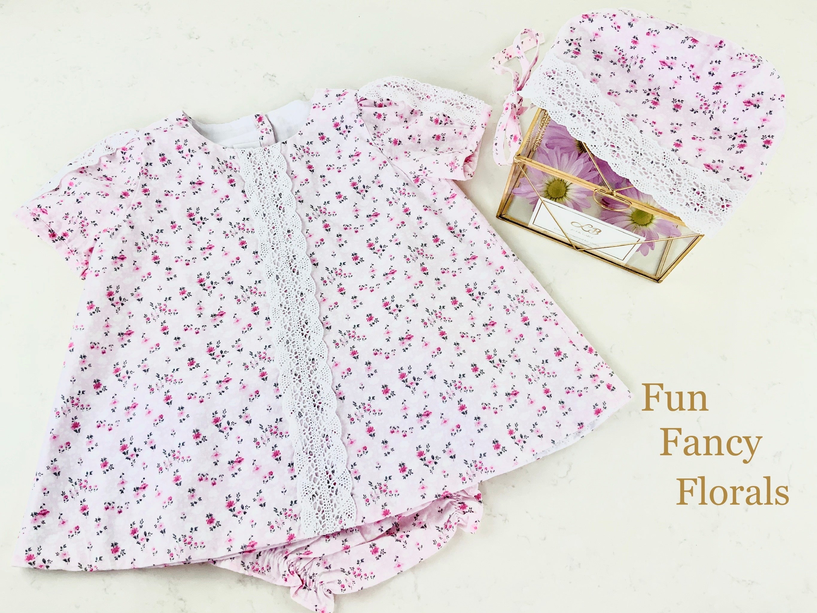 Pink Floral Spanish Cotton Puffed Sleeves Dress and Bloomers Set