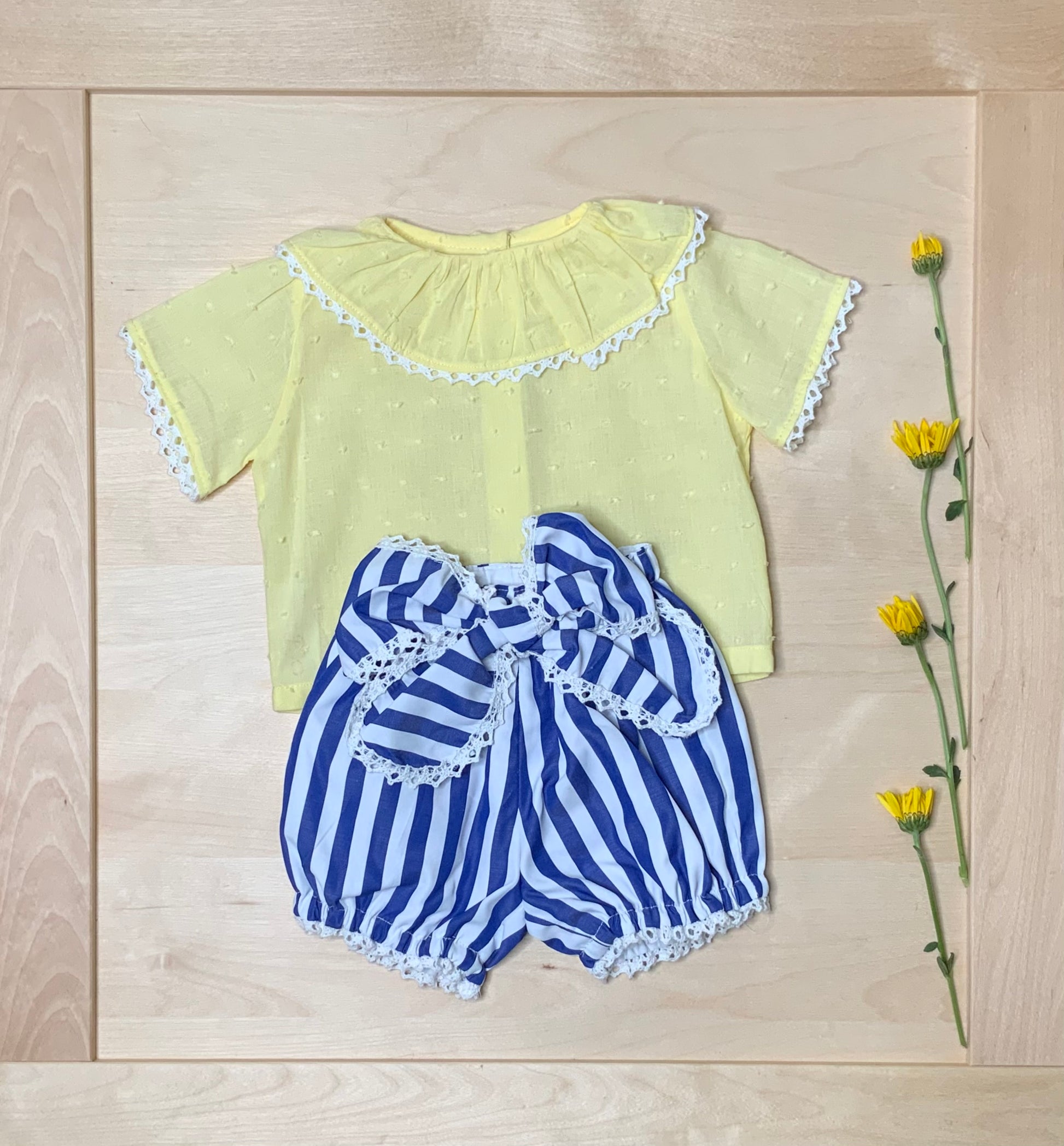 Yellow Round Ruffled Collar Blouse and Blue-White Stripe Bubble Shorts Shirt & Pants Set Alfa Baby Boutique 0-3 Blue Female