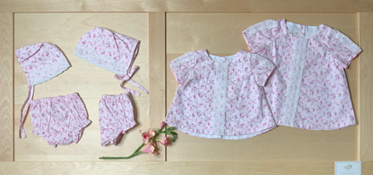 Pink Floral Spanish Cotton Puffed Sleeves Dress and Bloomers Set