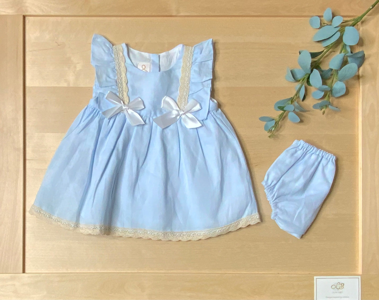 The Myosotis — Sky Blue Linen Empire Waist Dress & Bloomers Set