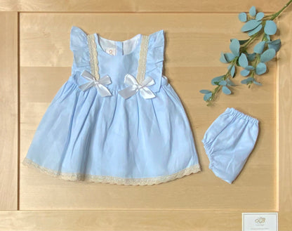 The Myosotis — Sky Blue Linen Empire Waist Dress & Bloomers Set