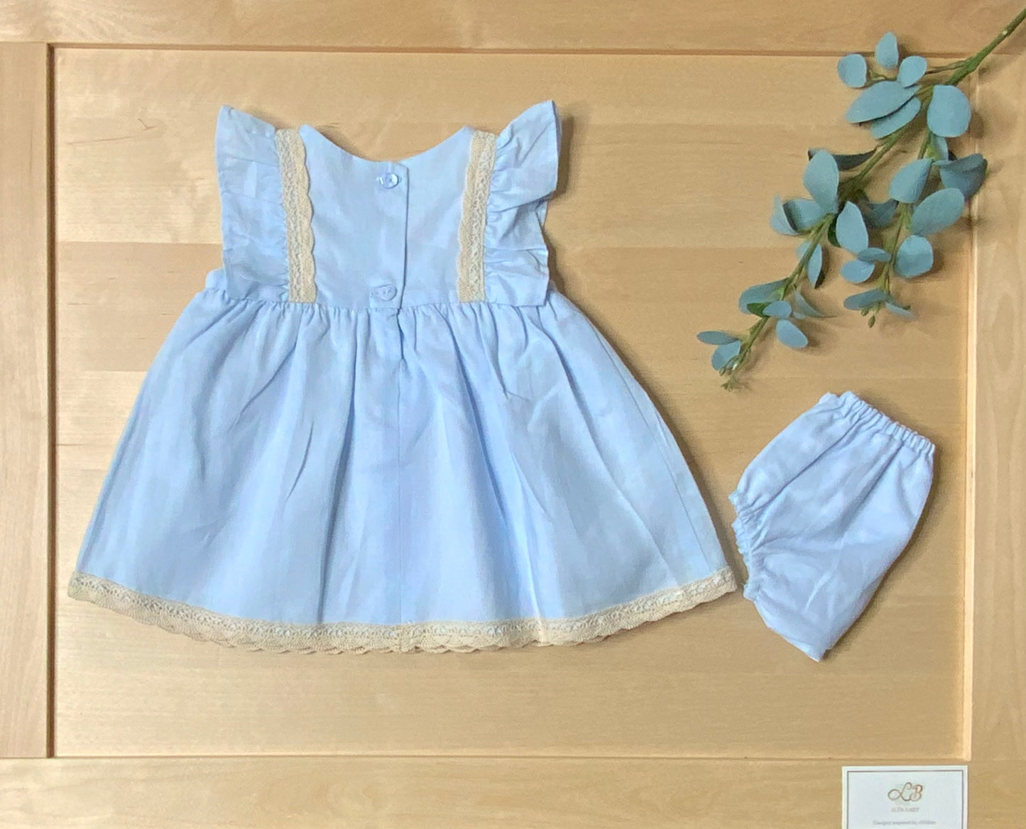 The Myosotis — Sky Blue Linen Empire Waist Dress & Bloomers Set