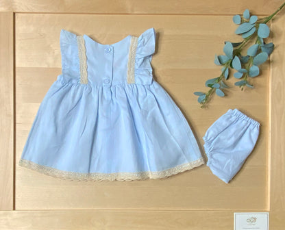 The Myosotis — Sky Blue Linen Empire Waist Dress & Bloomers Set