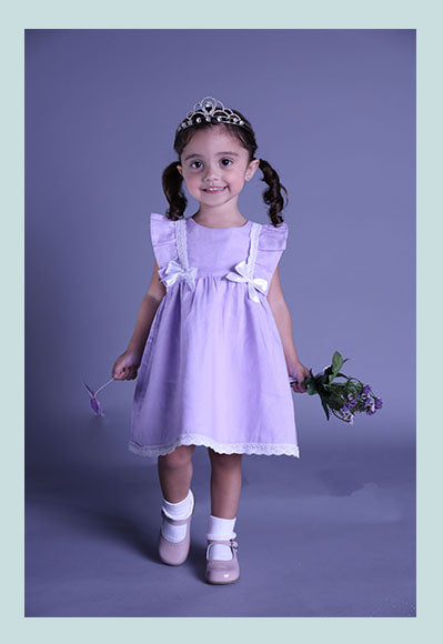 Infant, Girl Dress, Lavender Linen Empire Waist Dress and Bloomers Set