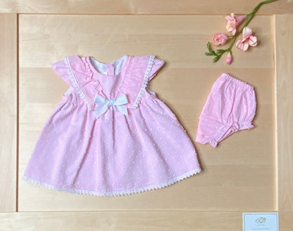 The Peony pink Swiss dot flutter sleeve dress and matching bloomers, front view-Alfa Baby Boutique 